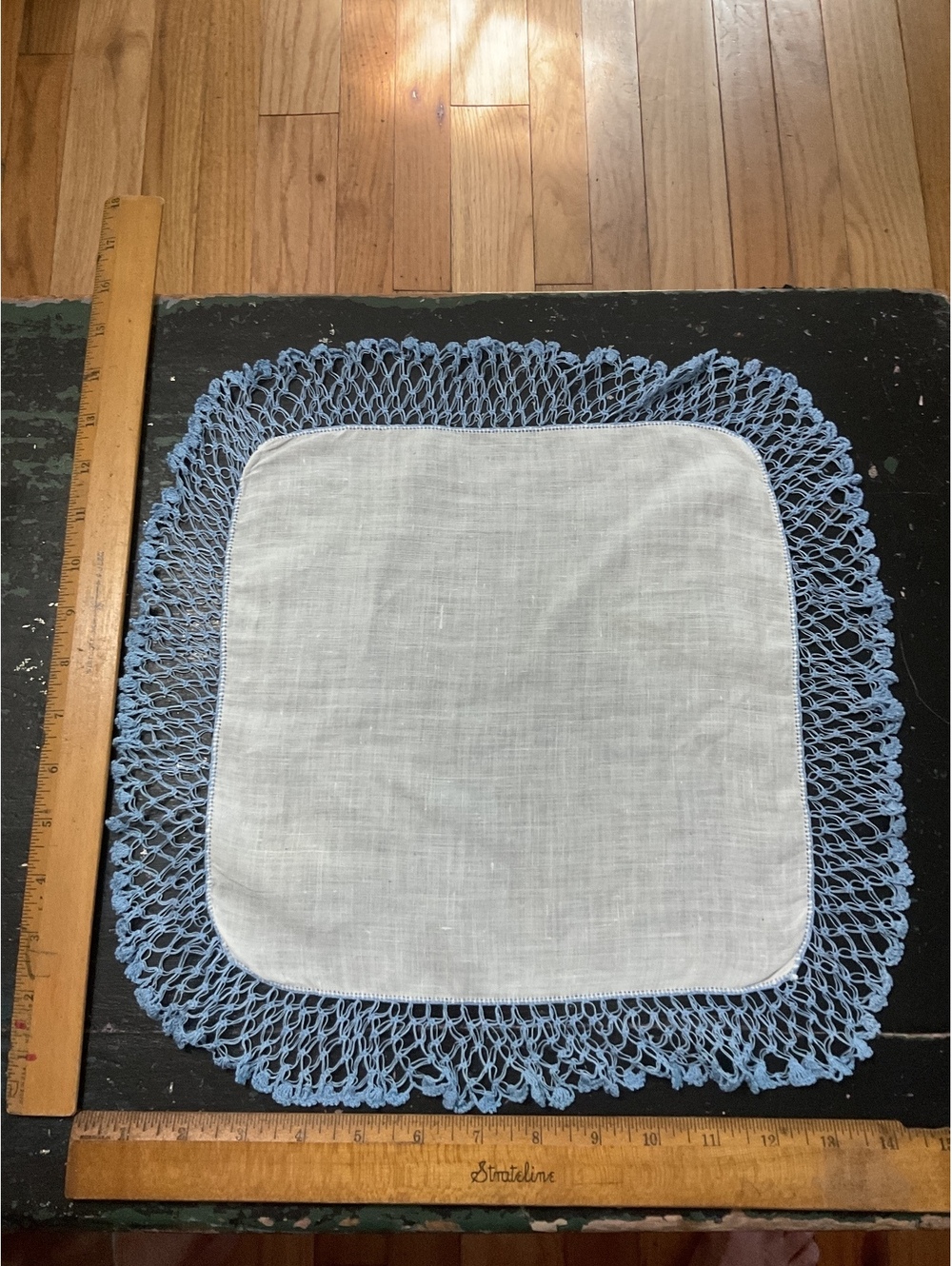 Vintage White Linen Handkerchief with Light Blue Crochet Lace Edging